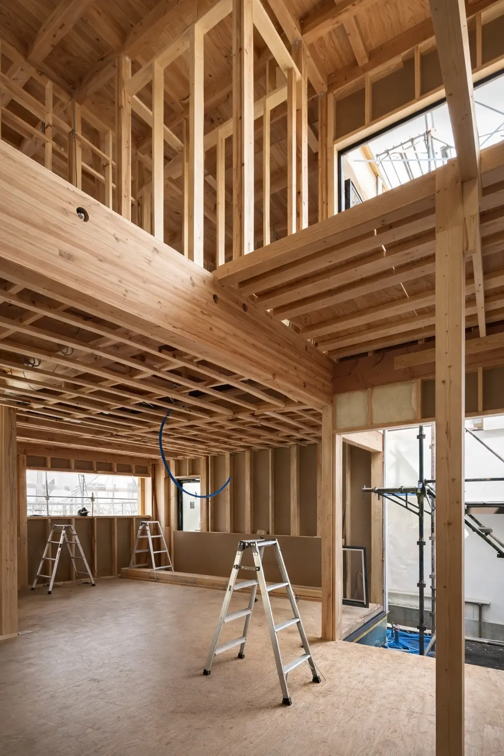 木造住宅の構造躯体と大きな開口部